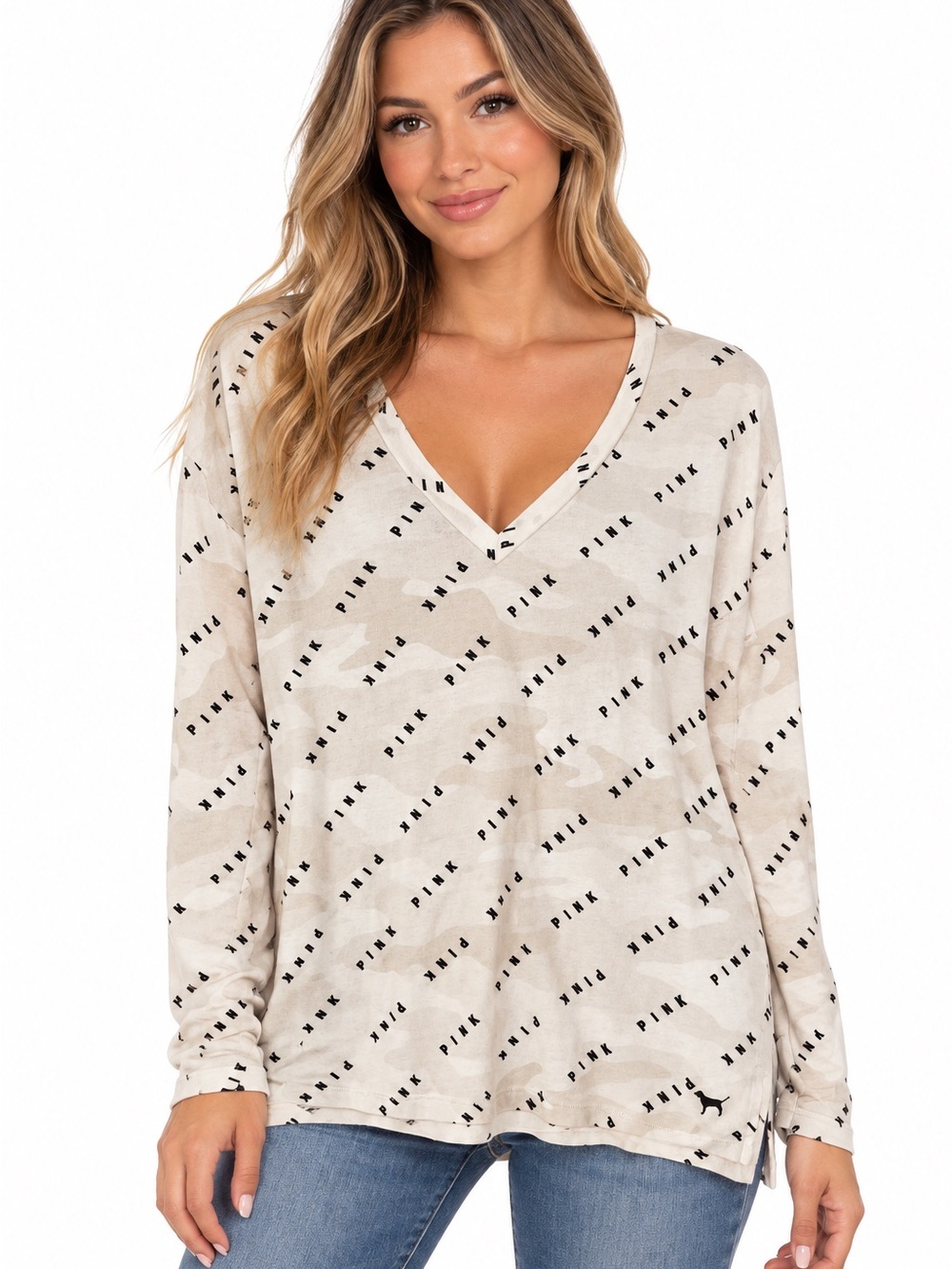 PINK Victoria's Secret V-Neck Long Sleeve Beige Camo Logo Top - 1115